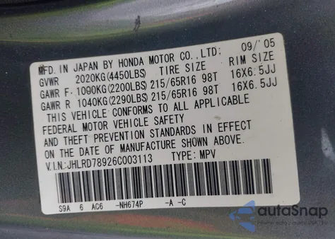2006 Honda Cr-V Se из США, поврежденный, VIN JHLRD78926C003113